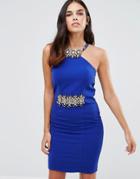 Forever Unique Marilyn Midi Dress With Embelished Neck And Waist - Blue