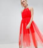 Asos Design Tall Premium Halter Tulle Godet Midi Dress - Pink
