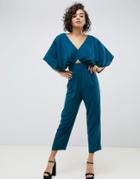 Asos Design Jumpsuit With Kimono Sleeve And Peg Leg-green