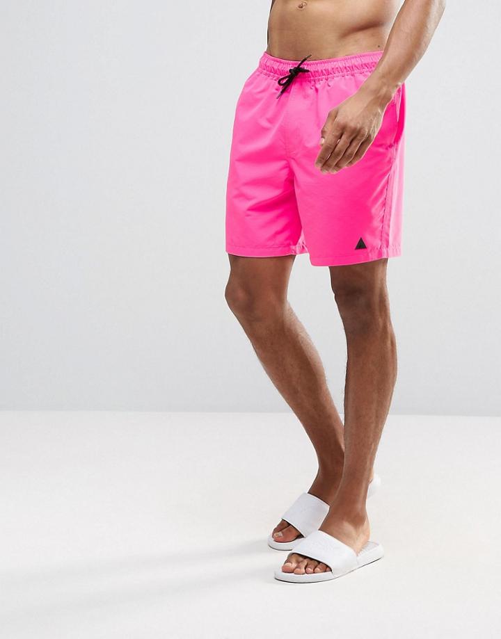 Asos Swim Shorts In Neon Pink With Black Triangle Logo Mid Length - Pink