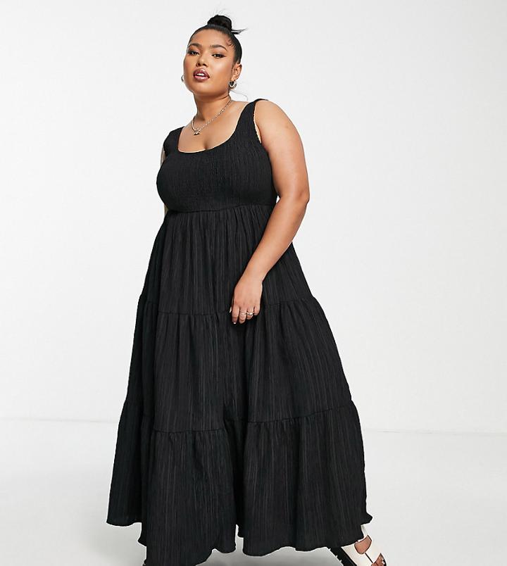 Asos Design Curve Shirred Maxi Sundress With Tiers In Stripe Texture-black