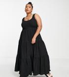 Asos Design Curve Shirred Maxi Sundress With Tiers In Stripe Texture-black