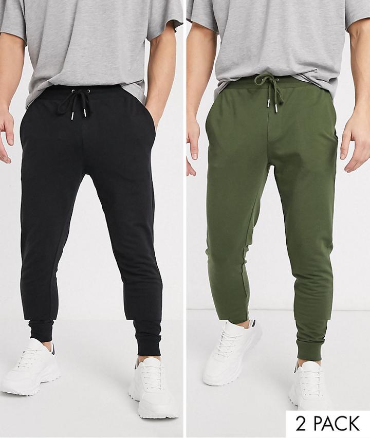 Asos Design Skinny Lightweight Sweatpants 2 Pack In Black/dark Green-multi