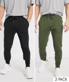 Asos Design Skinny Lightweight Sweatpants 2 Pack In Black/dark Green-multi