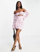 Asos Design Ruched Mesh Mini Dress In Pink And Black Heart Print-multi