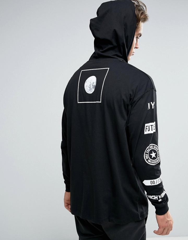 Asos Oversized Long Sleeve T-shirt Sleeve Print And Hood - Black