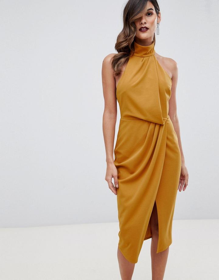 Asos Design Halter Drape Pencil Midi Dress - Yellow