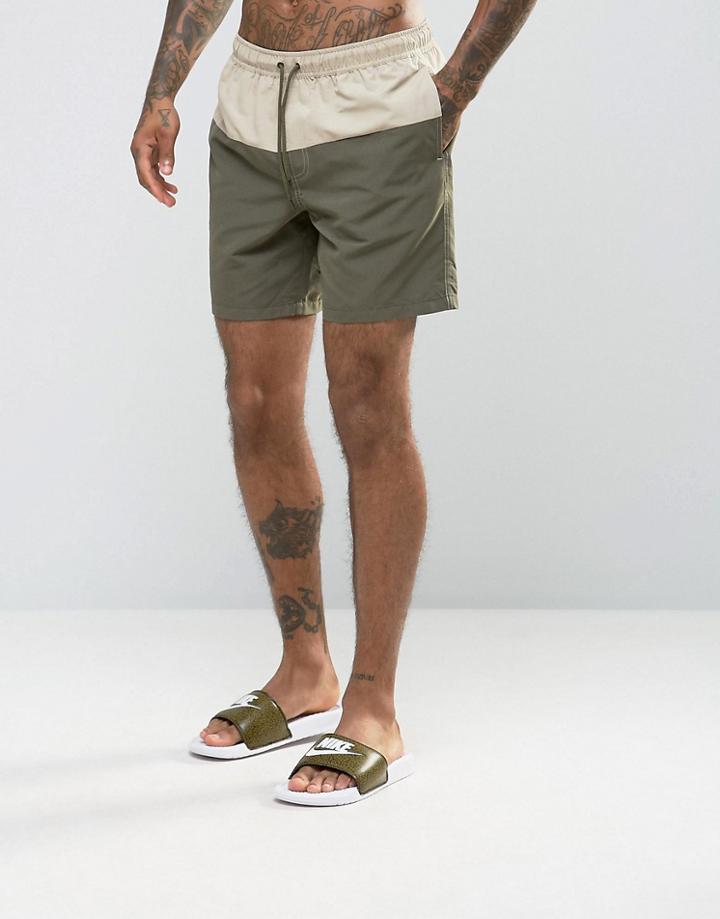 Asos Swim Shorts In Khaki With Stone Panel In Mid Length - Green