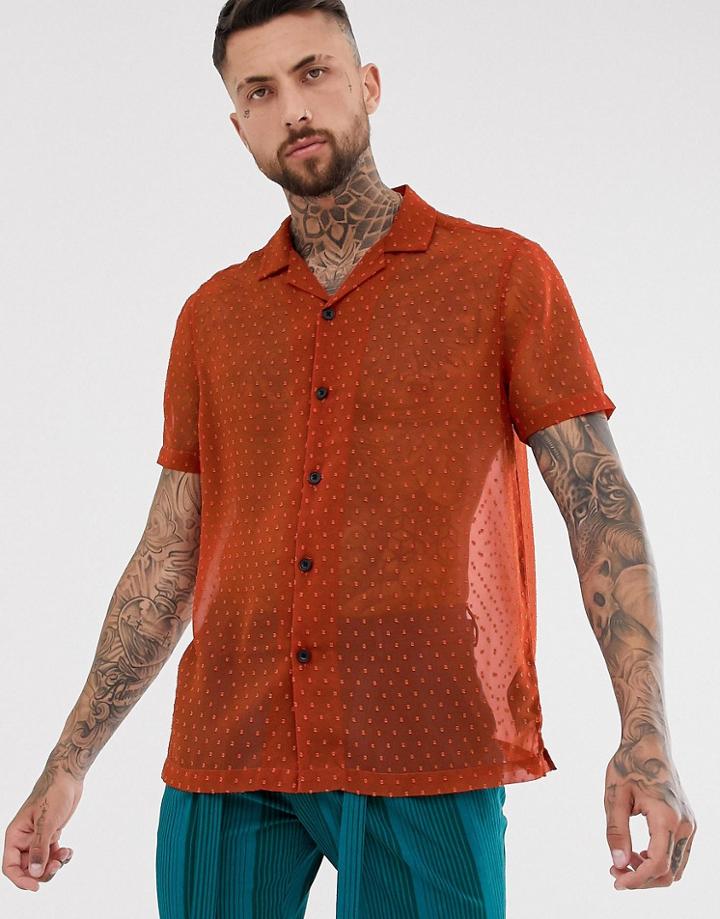 Asos Design Oversized Sheer Shirt With Textured Spot In Rust - Orange