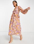 Never Fully Dressed Frill Midi Dress In Retro Swirl Print-purple