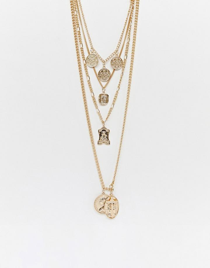 Reclaimed Vintage Inspired Multi Row Necklace With Coin And Cross Pendant - Gold