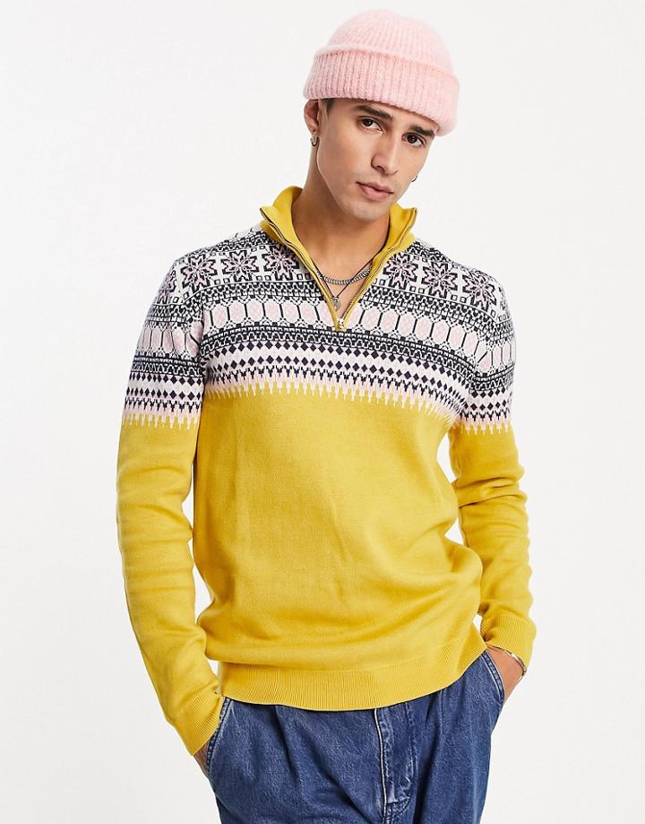 Asos Design Knitted Christmas Half Zip Sweater With Yoke Fairisle In Yellow