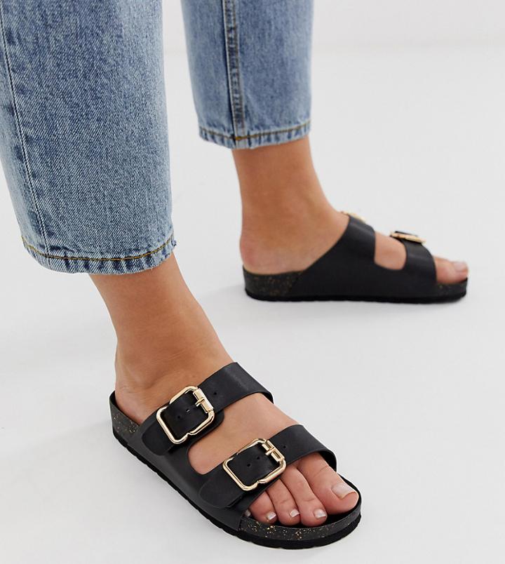 London Rebel Wide Fit Double Buckle Flat Sandals - Black