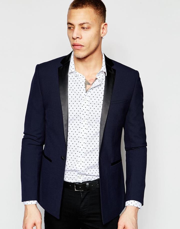 Asos Super Skinny Tuxedo Suit Jacket In Navy - Navy