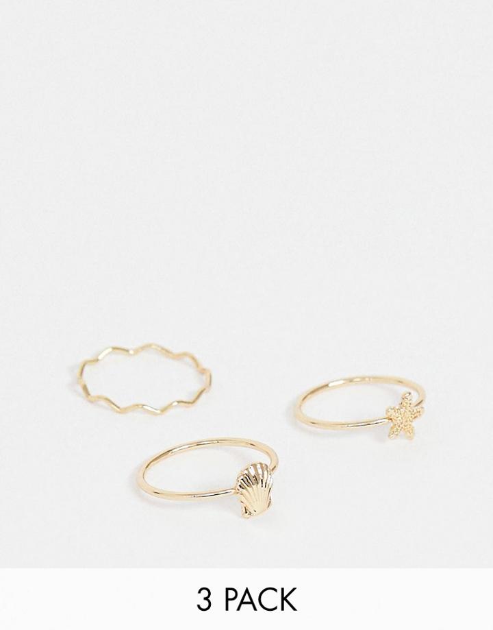 Asos Design Pack Of 3 Rings With Mini Shell Design In Gold Tone - Gold