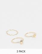 Asos Design Pack Of 3 Rings With Mini Shell Design In Gold Tone - Gold