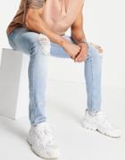 Asos Design Skinny Jeans In Light Wash Blue With Knee Rips-blues