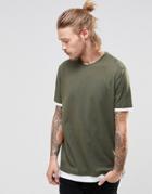 Asos Longline T-shirt With Contrast Cuff And Hem In Khaki - Forest Night