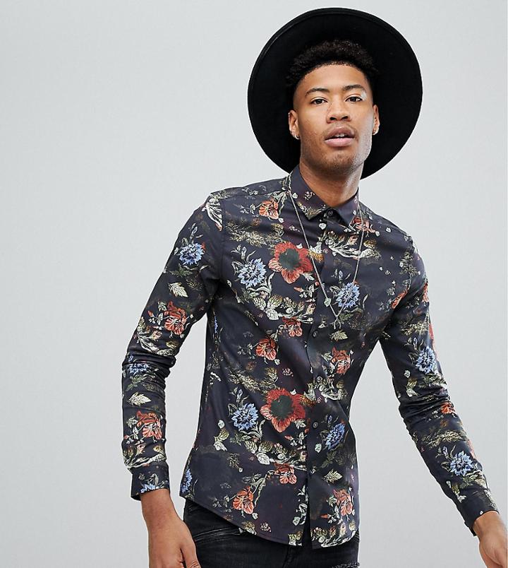 Asos Tall Skinny Floral Print Shirt In Black - Black