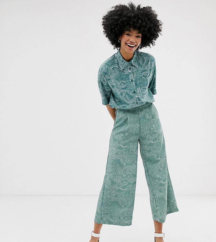 Monki Cropped Wide Leg Pants With Elastic Waist And Cloud Print In Turquoise - Blue