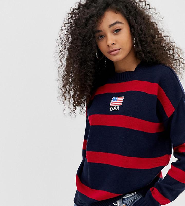 Daisy Street Sweater With Usa Embroidery In Contrast Stripe-black