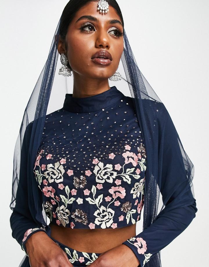 Maya Sleek Embellished Lehenga Crop Top In Navy Blue