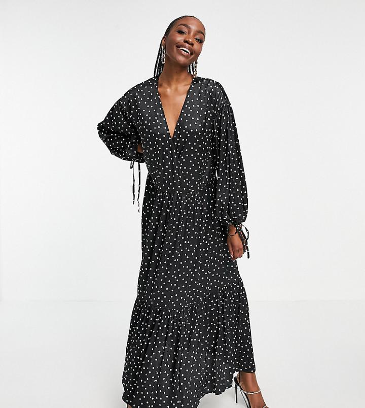 Asos Design Tall Satin Wrap Front Smock Maxi Dress In Mono Dot-multi