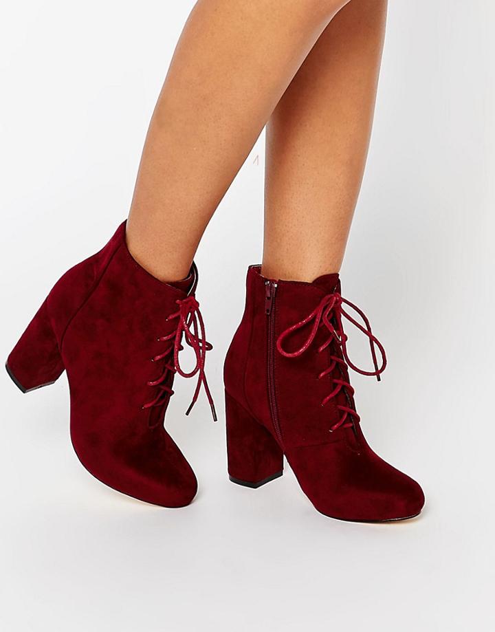 London Rebel Lace Up Block Heeled Ankle Boots - Red