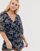 Gilli Floral Wrap Front Romper With Open Back Detail - Navy