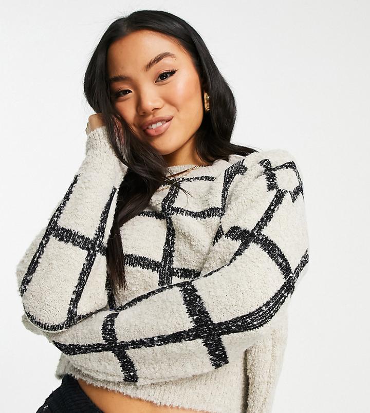 Topshop Petite Cropped Windowpane Check Knit Sweater-white