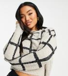Topshop Petite Cropped Windowpane Check Knit Sweater-white
