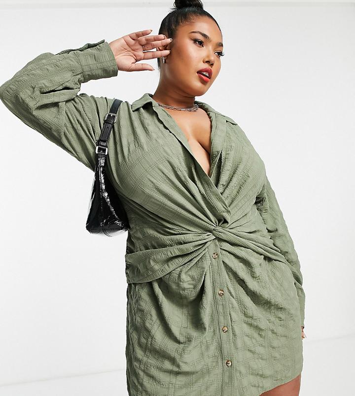 Asos Design Curve Knot Front Mini Shirt Dress In Khaki-green