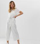 Asos Design Petite Linen Tie Waist Culottes In Stripe - Multi