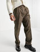 Asos Design High Waist Wide Leg Smart Pants In Brown Wool Check And Cargo Pockets