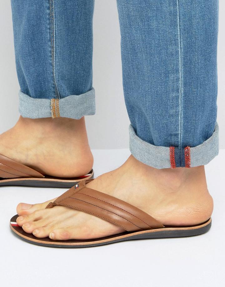 Tommy Hilfiger Torence Leather Flip Flops - Tan