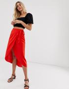 Asos Design Wrap Midi Skirt With Tie Side - Red