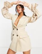 Club L London Volume Sleeve Tailored Mini Dress In Stone-neutral