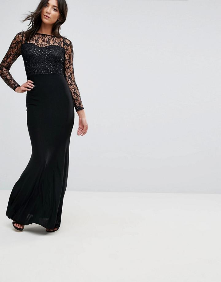 Ax Paris Slinky Maxi Dress With Seuqin Upper - Black