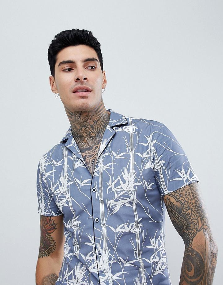 Twisted Tailor Revere Collar Skinny Short Sleeve Shirt With Piping - Blue