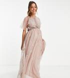 Asos Design Maternity Bridesmaid Pearl Embellished Maxi Dress With Floral Embroidery In Rose-pink