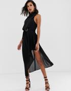 Asos Design Drape Neck Midi Dress In Textured Fabric With Self Belt-black