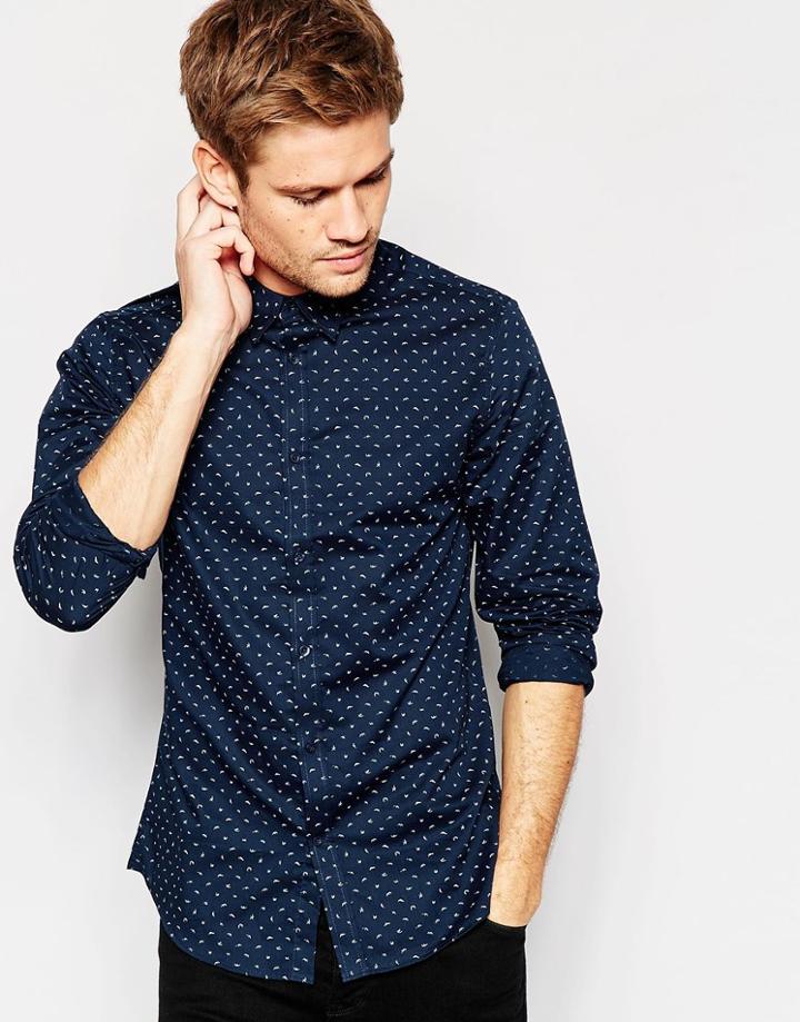 Selected Homme Shirt With All Over Bird Print - Navy