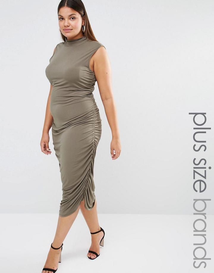 Pink Clove High Neck Ruched Midi Dress - Green