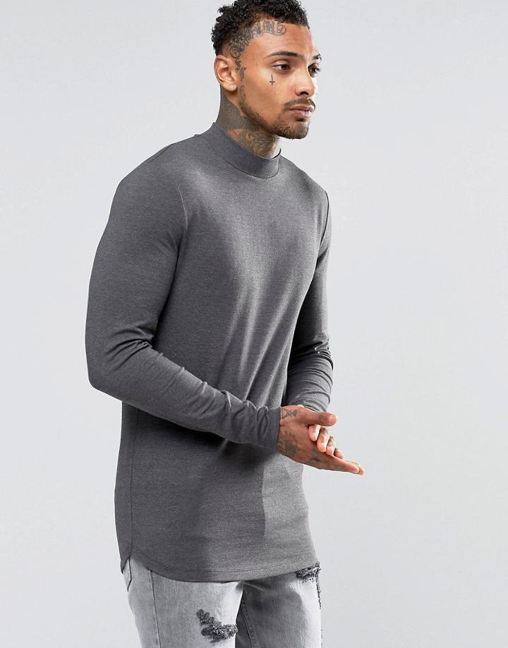 Asos Longline Muscle Long Sleeve T-shirt With Turtleneck And Curve Hem In Charcoal - Gray