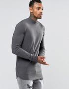 Asos Longline Muscle Long Sleeve T-shirt With Turtleneck And Curve Hem In Charcoal - Gray