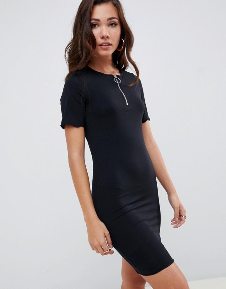 Asos Design Mini T-shirt Dress With Zip Neck - Black
