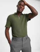 Asos Design Waffle Polo With Zip Detail In Khaki-green