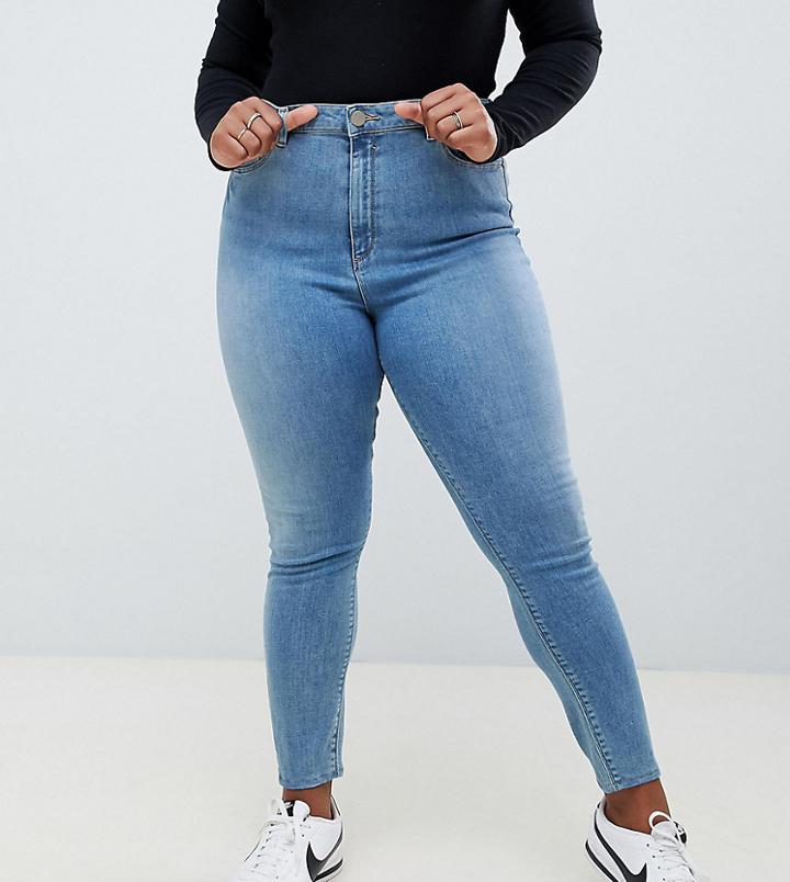 Asos Design Curve Ridley High Waist Skinny Jeans In Pretty Mid Stonewash Blue - Blue