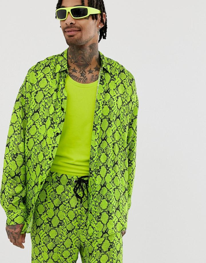 Jaded London Satin Shirt In Neon Green Snakeskin - Green