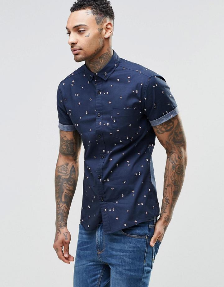 Asos Skinny Short Sleeve Shirt With Aztec Print In Navy - Black